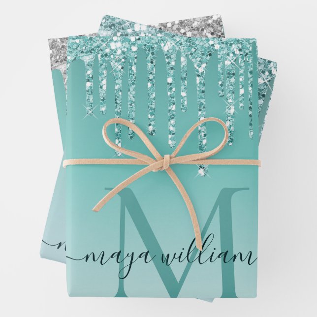 Personalisiert Chic Dusty Blue Glitzer Tropfens Gl Geschenkpapier Set (Beispiel)