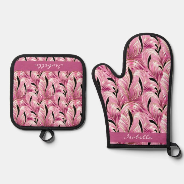 Personalisiert Chic Luxury Pink Glam Muster Ofenhandschuh & Topflappen-Set (Vorderseite)