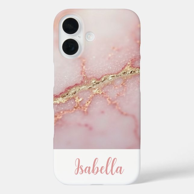 Personalisiert Chic Pink Marble Gold iPhone 16 Hülle (Rückseite)