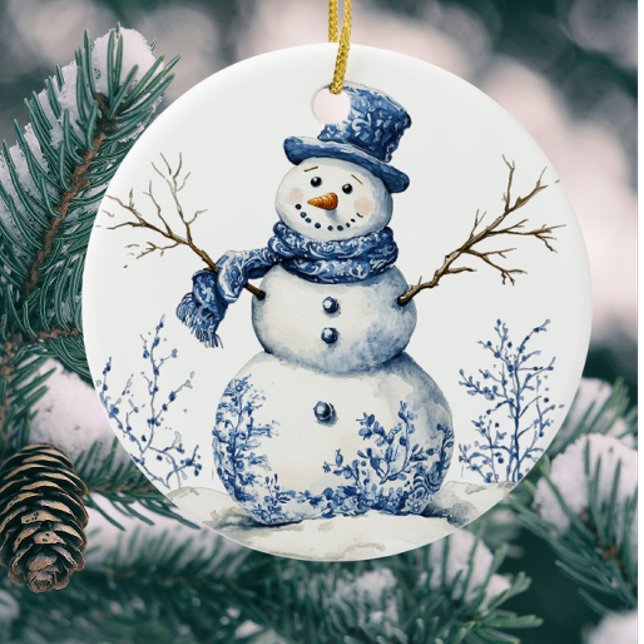 Personalisiert Chinoiserie Blue White Snowman Keramik Ornament (Personalize on the back!)