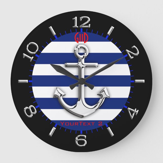 Personalisiert-Chrome Anchor Navy Blue Stripes Dia Große Wanduhr (Vorderseite)