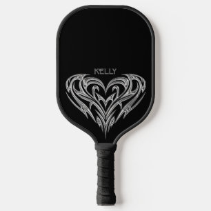 Personalisiert Chrome Tribal Heart on Black Pickleball Schläger