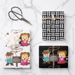 Personalisiert Cowgirl und Cowboy Geschenkpapier Set