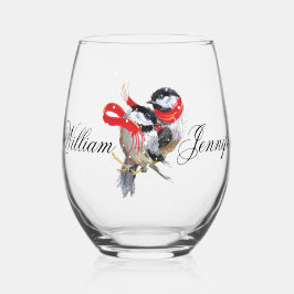 Personalisiert Cuddling Chickadees Weihnachten Weinglas Ohne Stiel