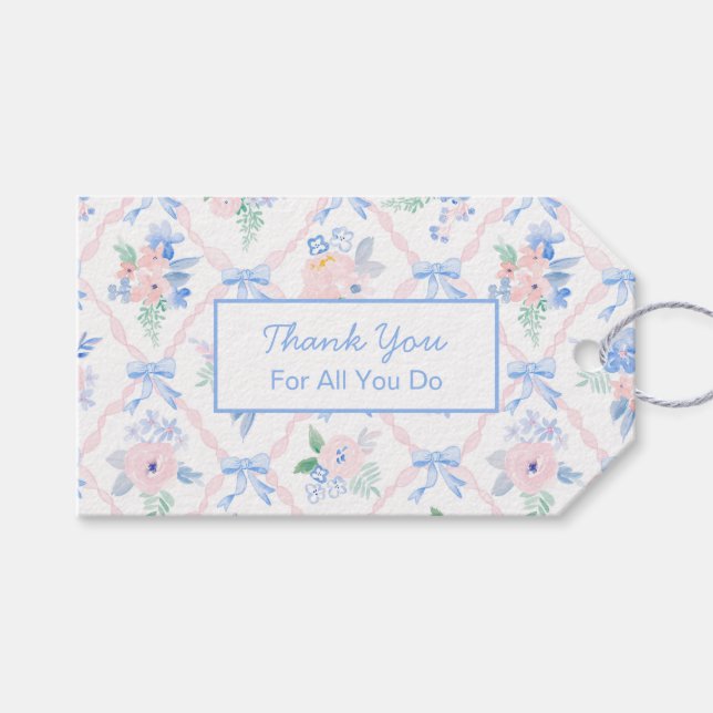 Personalisiert Danke, Floral Ribbon Bows Geschenkanhänger (Vorderseite (Horizontal))