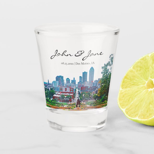 Personalisiert Des Moines Iowa Skyline Shot Glass Schnapsglas (Vorderseite)