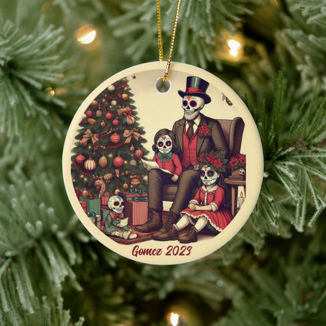 Personalisiert Día de los Muertos Weihnachtsfeiert Keramik Ornament (Baum)
