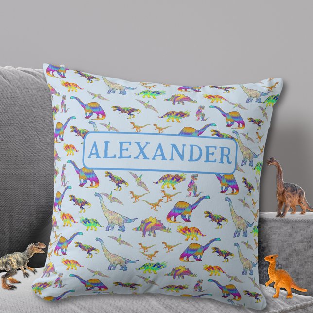 Personalisiert Dinosaurier Blue Kissen (Colorful dinosaur pattern custom name blue pillow for Jurassic dino lovers)