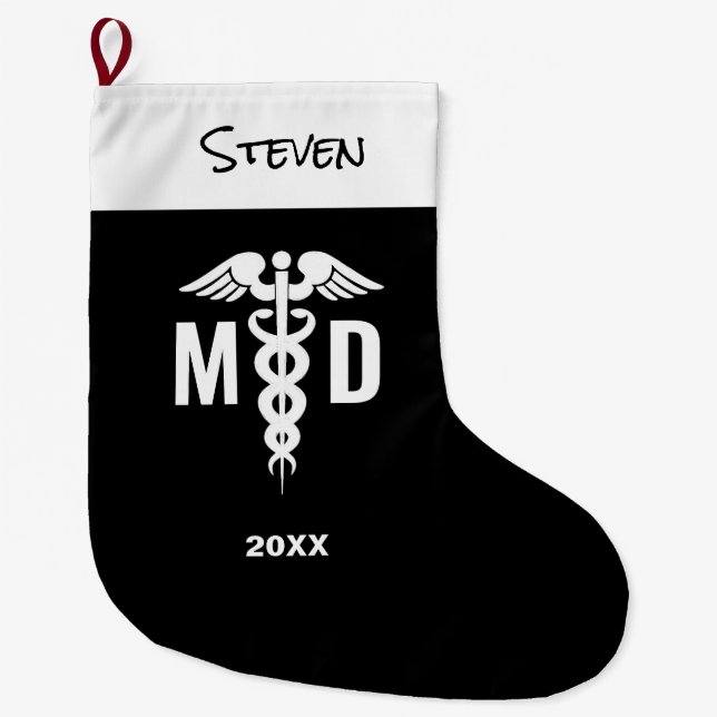 Personalisiert Doctor MD Caduceus Symbol Schwarz-w Großer Weihnachtsstrumpf (Vorderseite)