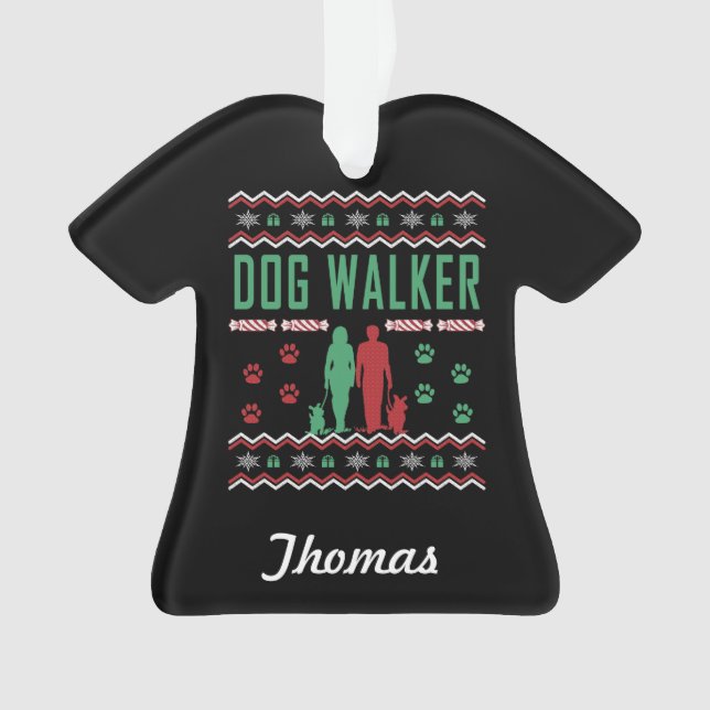 Personalisiert Dog Walker Ugly Christmas Sweater Ornament (Vorderseite)