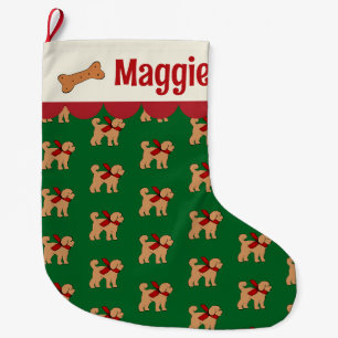 Personalisiert Doodle Dog Red Green Tan Großer Weihnachtsstrumpf