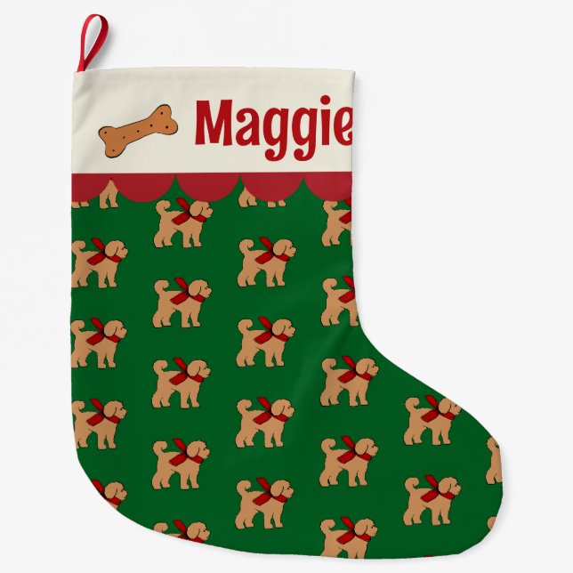 Personalisiert Doodle Dog Red Green Tan Großer Weihnachtsstrumpf (Vorderseite)