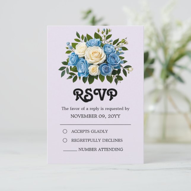 Personalisiert Dusty Blue und Elfenbein RSVP Karte (Stehend Vorderseite)