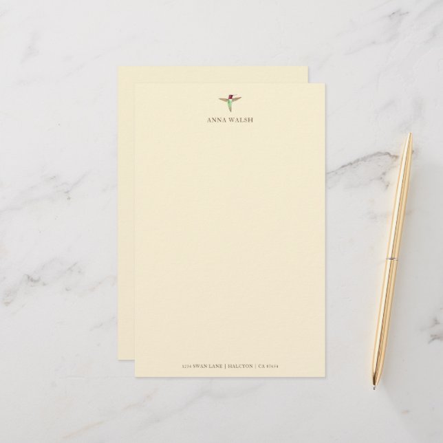 Personalisiert Ecru Hummingbird Stationery Briefpapier (Vorderseite/Rückseite Beispiel)