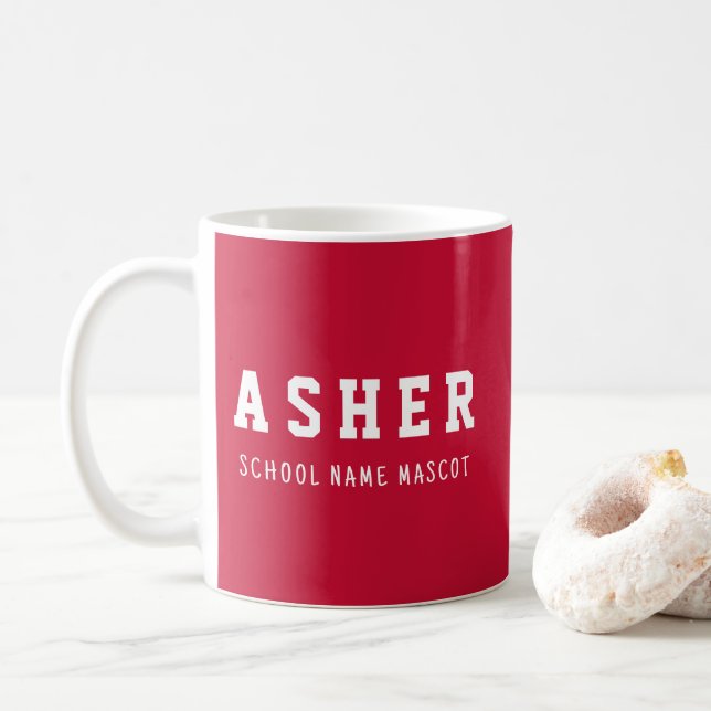 Personalisiert einfache moderne Rote Schule Name M Kaffeetasse (Mit Donut)