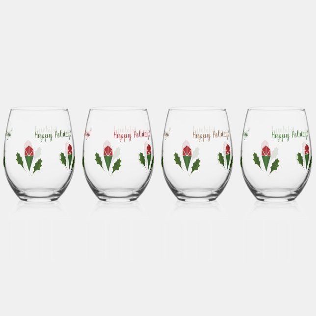Personalisiert Elegante Rote Rosen & Holly Holiday Weinglas Ohne Stiel (Hinten)