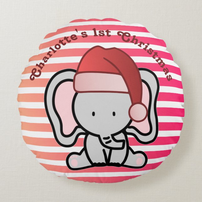 Personalisiert Elephant 1. Weihnachtsmädchen Rundes Kissen (Vorderseite)