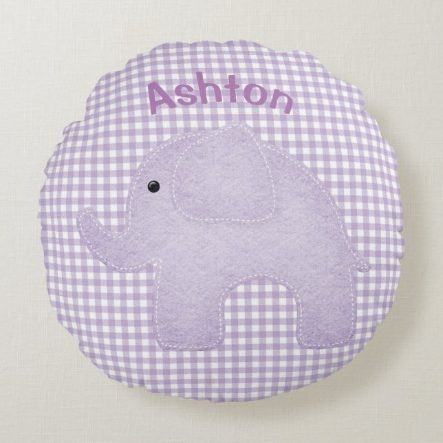 Personalisiert Elephant Lila Kariert Gingham Kinde Rundes Kissen (Vorderseite)