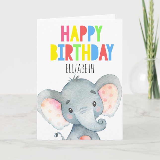 Personalisiert Elephant Niedlich Girl Happy Birthd Karte (Vorderseite)