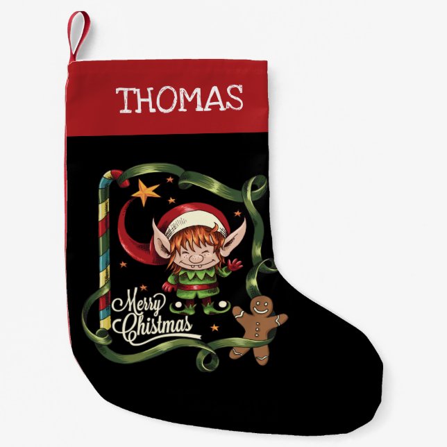 Personalisiert Elf Merry Christmas Gingerbread Kleiner Weihnachtsstrumpf (Vorderseite)