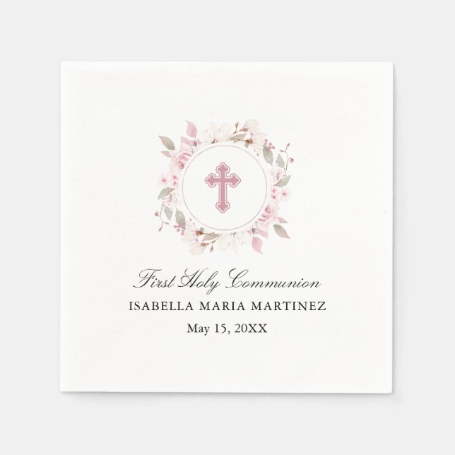 Personalisiert Erste Kommune Rosa Rose Floral Serviette (Vorderseite)