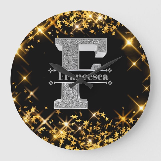 Personalisiert F Initial Silver Monogram Ihr Name Große Wanduhr (Vorderseite)