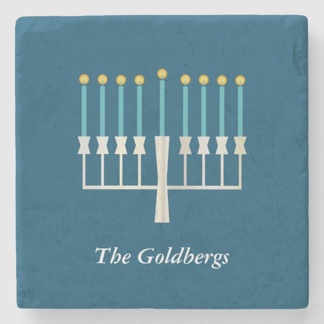 Personalisiert Familienname Hanukkah Menorah Blue Steinuntersetzer (Vorderseite)