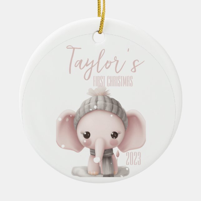 Personalisiert First Baby Elephant Weihnachten Keramik Ornament (Vorne)