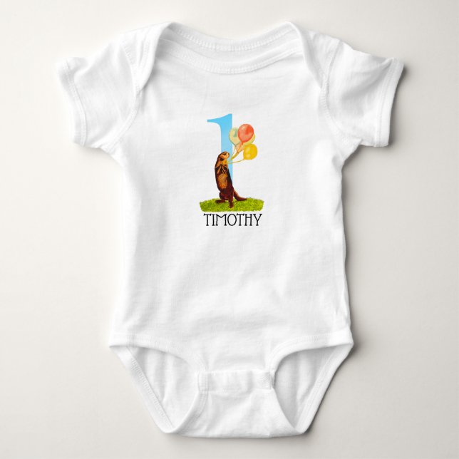 Personalisiert First Birthday Otter Boy Baby Strampler (Vorderseite)