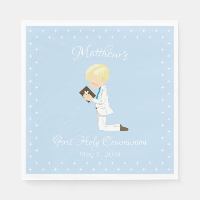 Personalisiert First Communion Blonde Boy Serviette (Vorderseite)