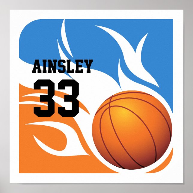 Personalisiert Flaming Basketball Blau und Orange Poster (Vorne)