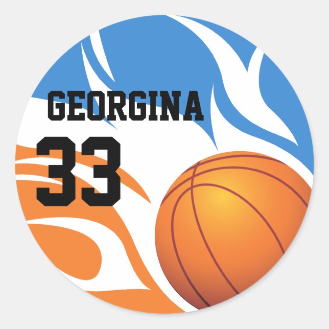Personalisiert Flaming Basketball Blau und Orange Runder Aufkleber (Vorderseite)