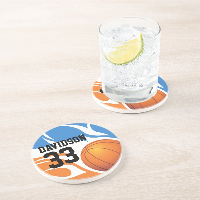 Personalisiert Flaming Basketball Blau und Orange Sandstein Untersetzer (Seite)