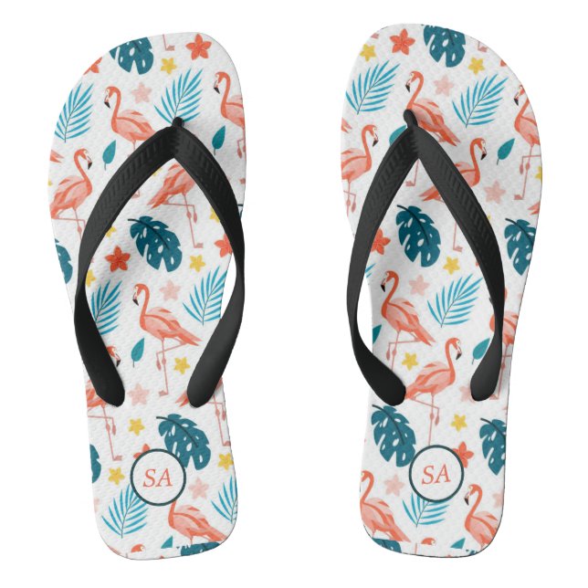 Personalisiert Flamingo Palm Tree Blue Red Beach Flip Flops (Fußbett)