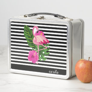 Personalisiert Flamingo Striped Metal Lunchbox