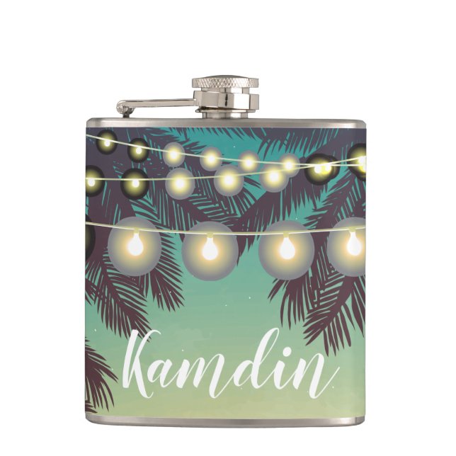 Personalisiert Flask Beach Sunset Palm Tree String Flachmann (Vorderseite)