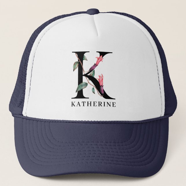 Personalisiert Floral Alphabet K Monogramm Truckerkappe (Vorderseite)
