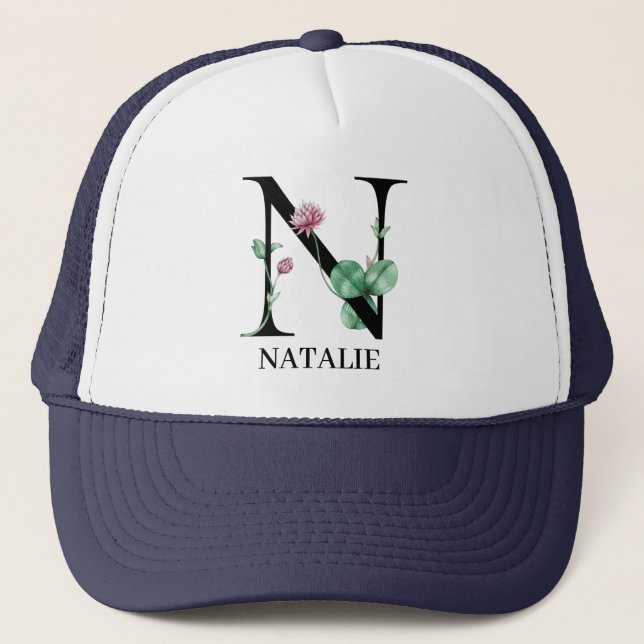 Personalisiert Floral Alphabet N Monogramm Truckerkappe (Vorderseite)