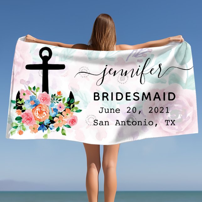 Personalisiert Floral Anchor Bachelorette Bridesma Strandtuch (Personalized Floral Anchor Bachelorette Bridesmaid Beach Towel)