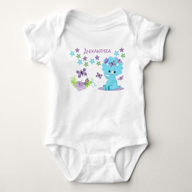 Personalisiert Floral Blue Baby Dinosaurier Baby Strampler (Vorderseite)