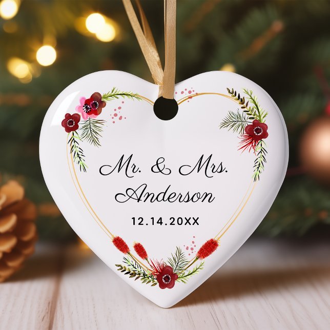 Personalisiert Floral Heart Foto & Mrs. Wedding Keramik Ornament (Von Creator hochgeladen)