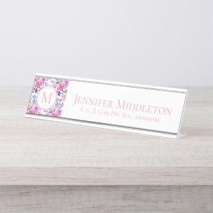 Personalisiert Floral Pink Monogramm Schreibtischnamensplakette