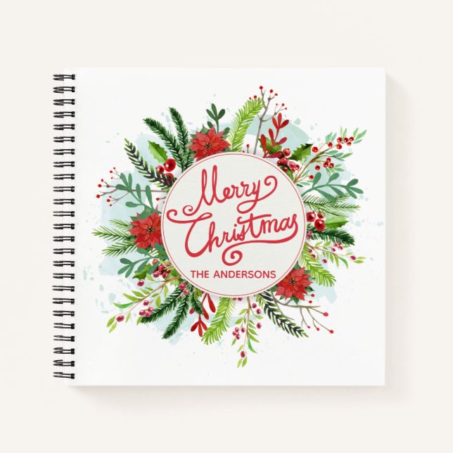 Personalisiert Floral Wreath Christmas Gästebuch Notizbuch (Vorderseite)