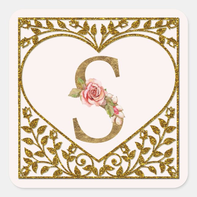 Personalisiert florale Monogramm-Aufkleber Quadratischer Aufkleber (Vorderseite)