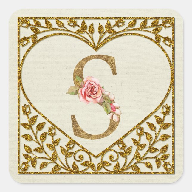 Personalisiert florale Monogramm-Aufkleber Quadratischer Aufkleber (Vorderseite)