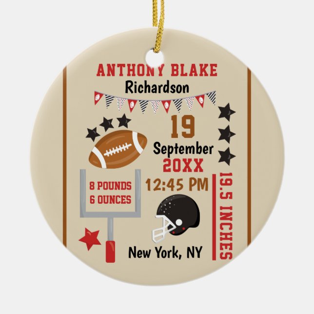 Personalisiert Football Baby Boy Birth Stats Foto Keramik Ornament (Vorne)
