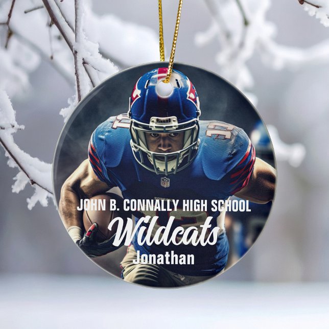 Personalisiert Football Player Foto High School Keramik Ornament (Von Creator hochgeladen)