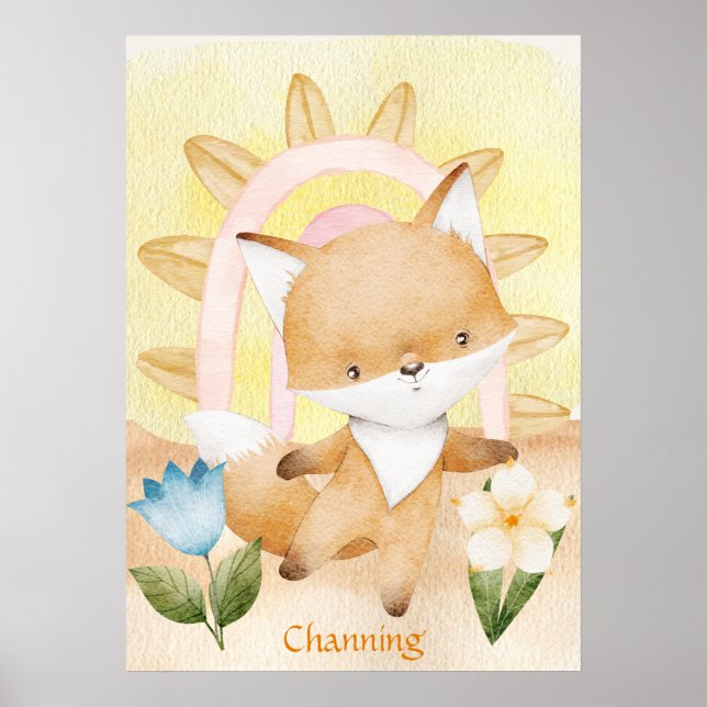 Personalisiert Fox Baby Animals Boho Rainbow Poster (Vorne)