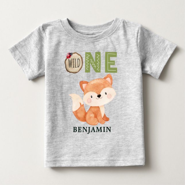 Personalisiert Fox WILD ONE Woodland Erster Geburt Baby T-shirt (Vorderseite)