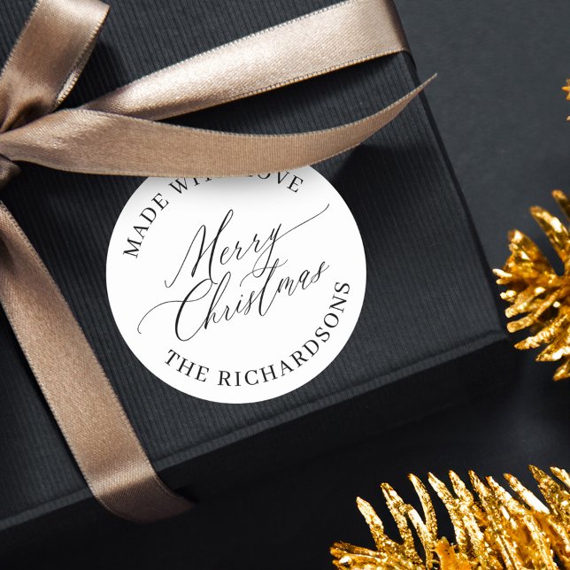 Personalisiert frohe Weihnachten aus Liebe weiß Runder Aufkleber (Personalized Merry Christmas Made With Love White Classic Round Sticker)